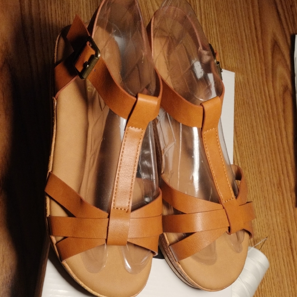 BAMBOO Tan Sandals with Ankle Strap and Criss-Cross Design
